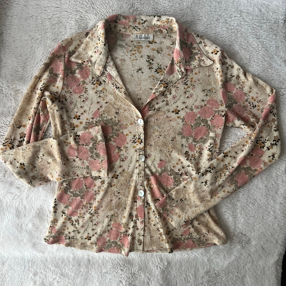 Women's 90s y2k Illusion Beige Pink Floral Long Sleeve Sheer Button Down Size M